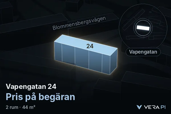 VERA PI's image of Vapengatan 24: the building in 3D, lit in blue, and the map around it