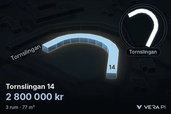 VERA PI:s bild av Tornslingan 14: huset i 3D, upplyst i blått, och kartan runt omkring