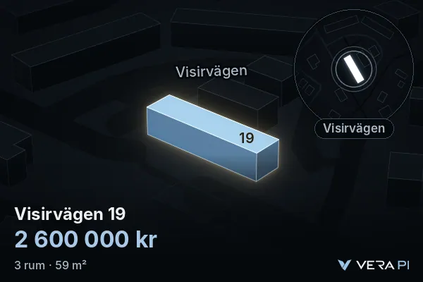 VERA PI:s bild av Visirvägen 19: huset i 3D, upplyst i blått, och kartan runt omkring