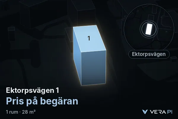 VERA PI:s bild av Ektorpsvägen 1: huset i 3D, upplyst i blått, och kartan runt omkring