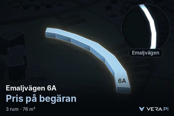 VERA PI:s bild av Emaljvägen 6A: huset i 3D, upplyst i blått, och kartan runt omkring