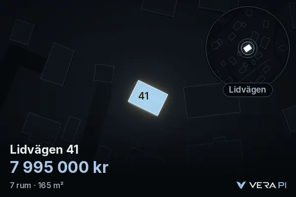 VERA PI:s bild av Lidvägen 41: huset i 3D, upplyst i blått, och kartan runt omkring