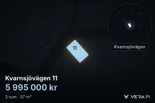 VERA PI:s bild av Kvarnsjövägen 11: huset i 3D, upplyst i blått, och kartan runt omkring