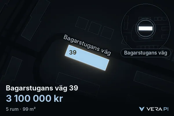VERA PI:s bild av Bagarstugans väg 39: huset i 3D, upplyst i blått, och kartan runt omkring