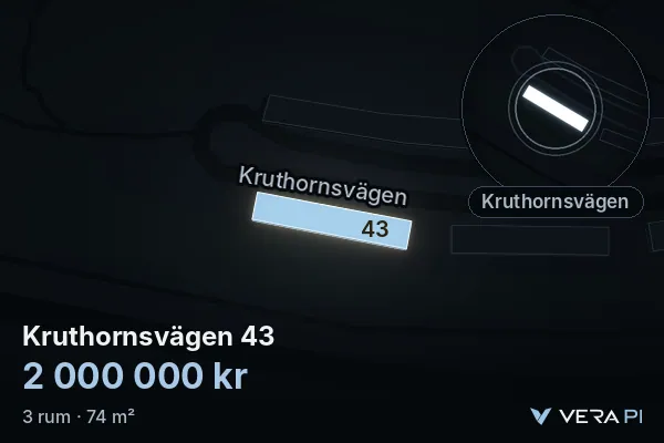 VERA PI's image of Kruthornsvägen 43: the building in 3D, lit in blue, and the map around it