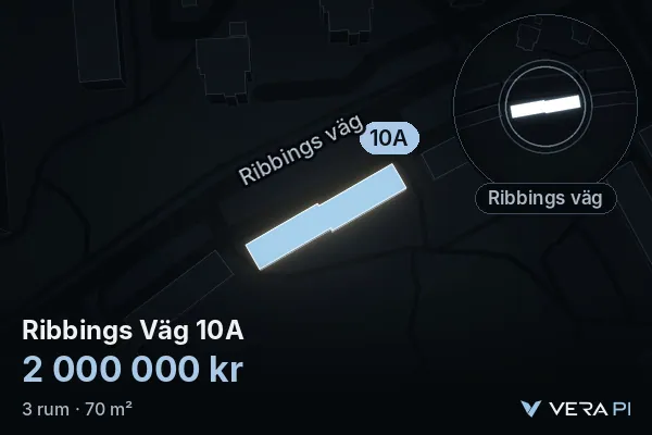 VERA PI's image of Ribbings Väg 10A: the building in 3D, lit in blue, and the map around it