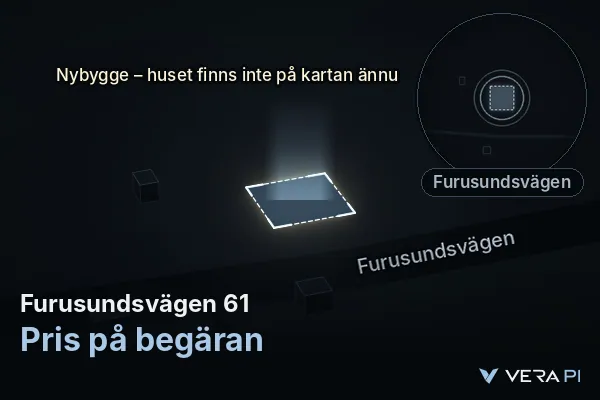 VERA PI's image of Furusundsvägen 61: the building in 3D, lit in blue, and the map around it