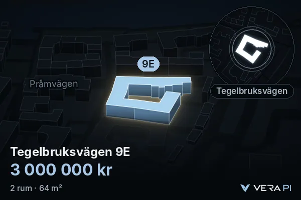 VERA PI:s bild av Tegelbruksvägen 9E: huset i 3D, upplyst i blått, och kartan runt omkring
