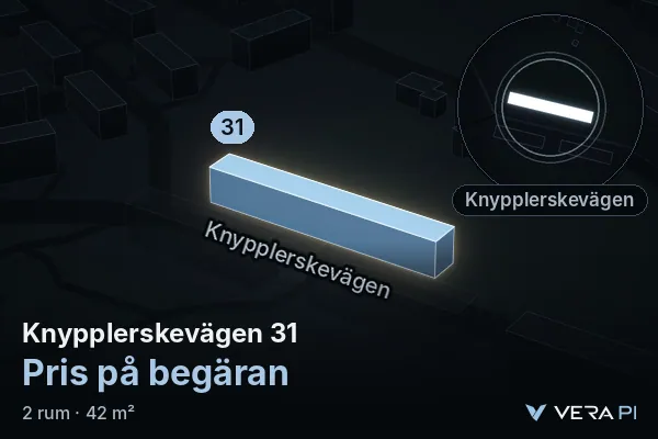 VERA PI's image of Knypplerskevägen 31: the building in 3D, lit in blue, and the map around it