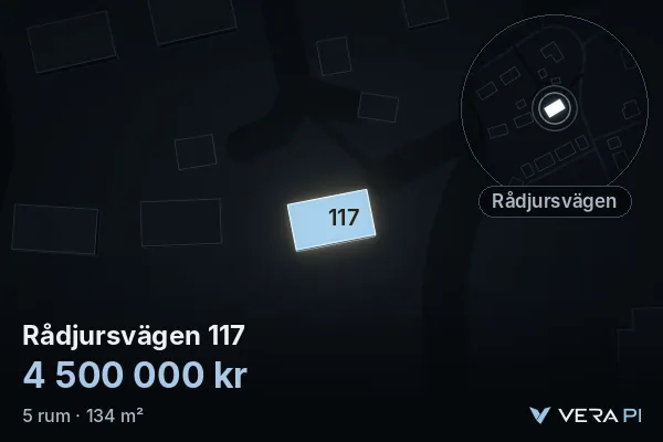 VERA PI's image of Rådjursvägen 117: the building in 3D, lit in blue, and the map around it