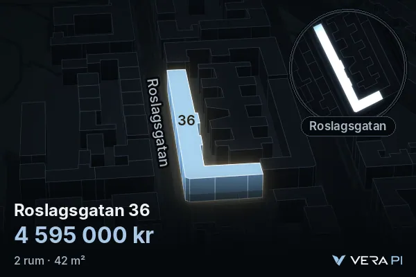 VERA PI:s bild av Roslagsgatan 36: huset i 3D, upplyst i blått, och kartan runt omkring