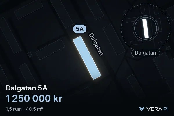 VERA PI:s bild av Dalgatan 5A: huset i 3D, upplyst i blått, och kartan runt omkring