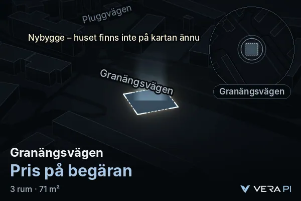 VERA PI:s bild av Granängsvägen: huset i 3D, upplyst i blått, och kartan runt omkring