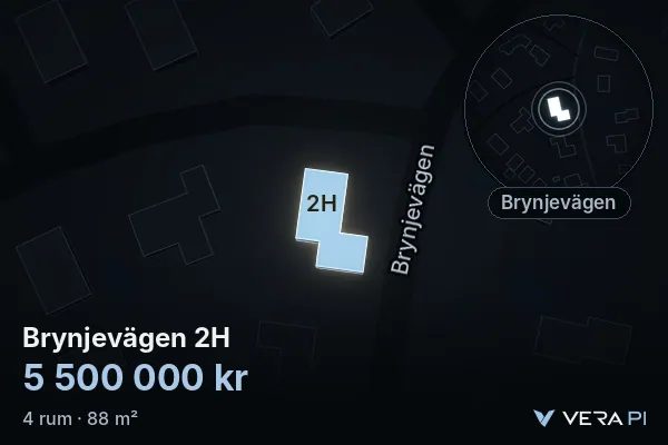 VERA PI's image of Brynjevägen 2H: the building in 3D, lit in blue, and the map around it
