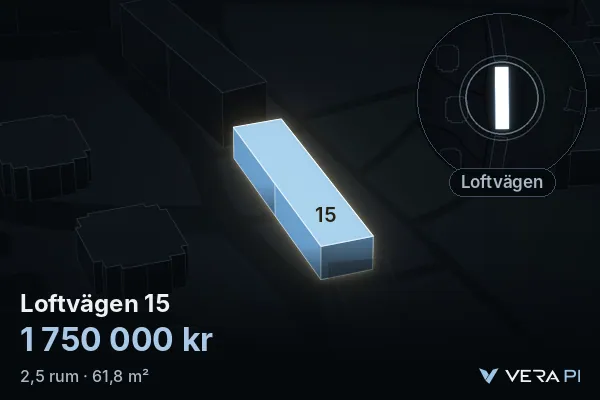 VERA PI:s bild av Loftvägen 15: huset i 3D, upplyst i blått, och kartan runt omkring