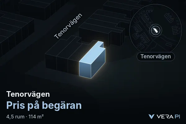 VERA PI:s bild av Tenorvägen: huset i 3D, upplyst i blått, och kartan runt omkring
