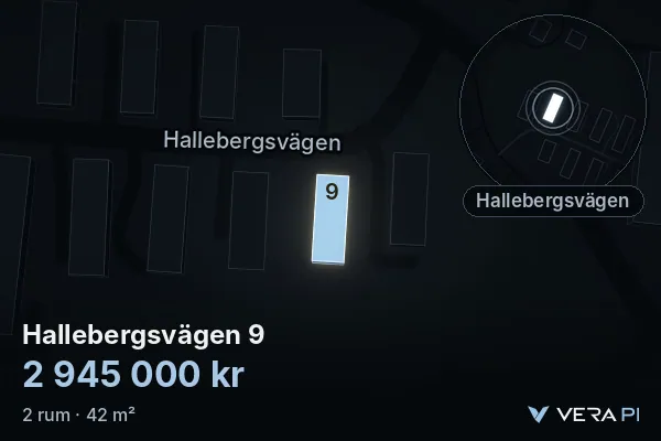 VERA PI:s bild av Hallebergsvägen 9: huset i 3D, upplyst i blått, och kartan runt omkring