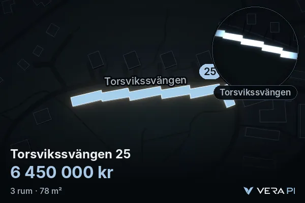 VERA PI's image of Torsvikssvängen 25: the building in 3D, lit in blue, and the map around it