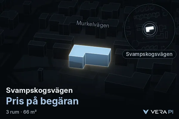 VERA PI's image of Svampskogsvägen: the building in 3D, lit in blue, and the map around it