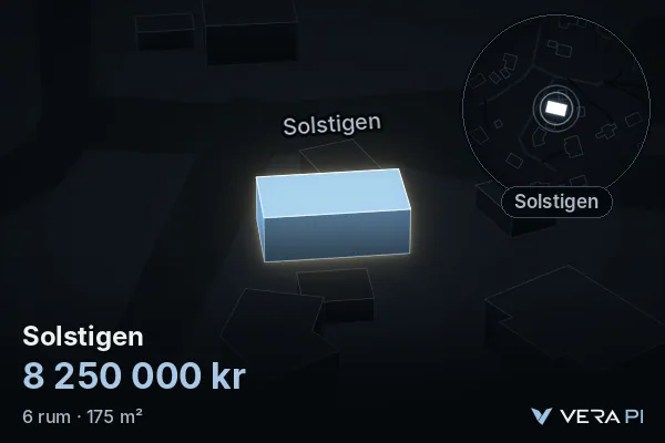 VERA PI:s bild av Solstigen: huset i 3D, upplyst i blått, och kartan runt omkring