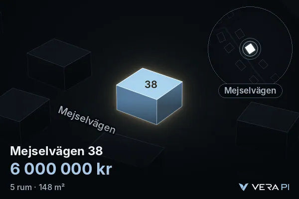 VERA PI:s bild av Mejselvägen 38: huset i 3D, upplyst i blått, och kartan runt omkring