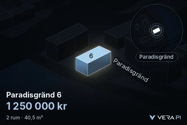 VERA PI:s bild av Paradisgränd 6: huset i 3D, upplyst i blått, och kartan runt omkring