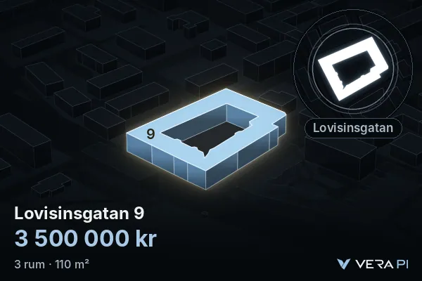 VERA PI's image of Lovisinsgatan 9: the building in 3D, lit in blue, and the map around it