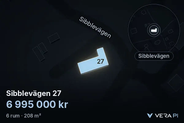 VERA PI's image of Sibblevägen 27: the building in 3D, lit in blue, and the map around it