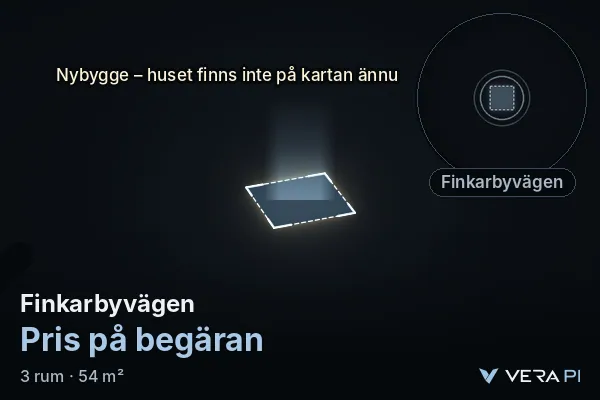 VERA PI:s bild av Finkarbyvägen: huset i 3D, upplyst i blått, och kartan runt omkring