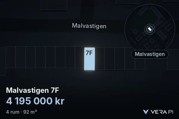 VERA PI:s bild av Malvastigen 7F: huset i 3D, upplyst i blått, och kartan runt omkring
