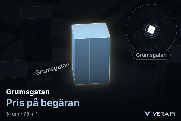 VERA PI's image of Grumsgatan: the building in 3D, lit in blue, and the map around it