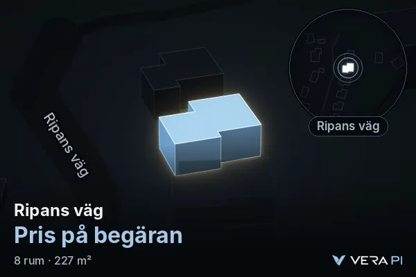 VERA PI's image of Ripans väg: the building in 3D, lit in blue, and the map around it