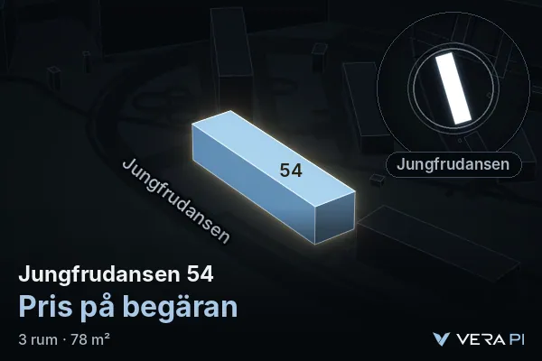 VERA PI's image of Jungfrudansen 54: the building in 3D, lit in blue, and the map around it