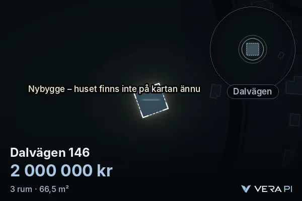 VERA PI's image of Dalvägen 146: the building in 3D, lit in blue, and the map around it