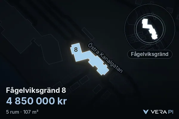 VERA PI's image of Fågelviksgränd 8: the building in 3D, lit in blue, and the map around it