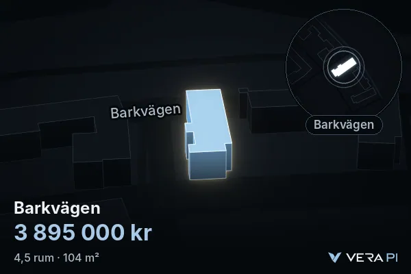 VERA PI's image of Barkvägen: the building in 3D, lit in blue, and the map around it