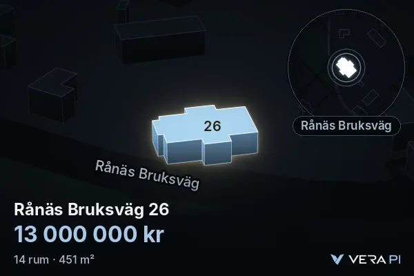 VERA PI's image of Rånäs Bruksväg 26: the building in 3D, lit in blue, and the map around it