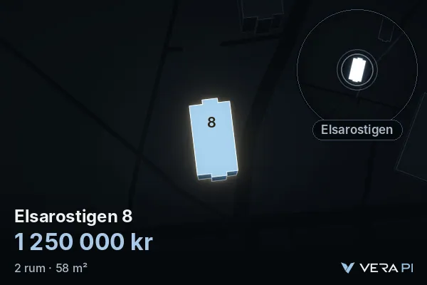 VERA PI:s bild av Elsarostigen 8: huset i 3D, upplyst i blått, och kartan runt omkring