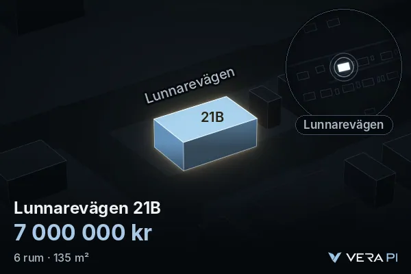 VERA PI:s bild av Lunnarevägen 21B: huset i 3D, upplyst i blått, och kartan runt omkring