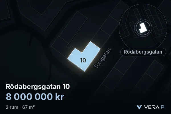 VERA PI's image of Rödabergsgatan 10: the building in 3D, lit in blue, and the map around it