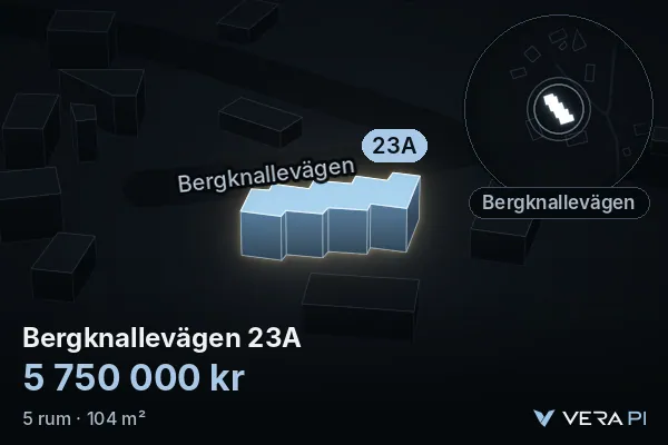 VERA PI:s bild av Bergknallevägen 23A: huset i 3D, upplyst i blått, och kartan runt omkring