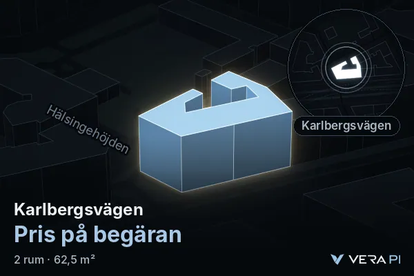VERA PI's image of Karlbergsvägen: the building in 3D, lit in blue, and the map around it