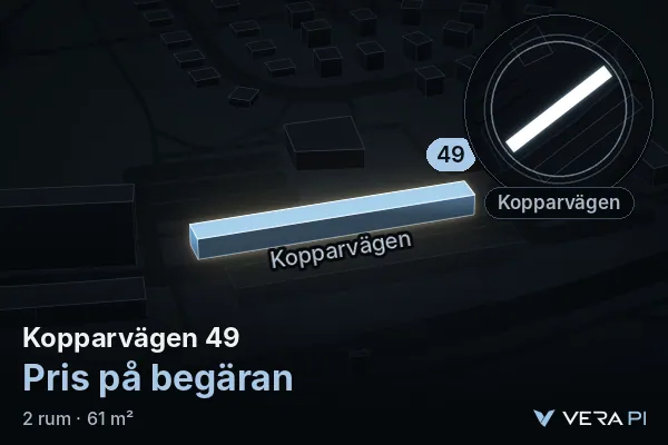 VERA PI's image of Kopparvägen 49: the building in 3D, lit in blue, and the map around it