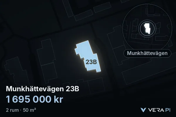 VERA PI's image of Munkhättevägen 23B: the building in 3D, lit in blue, and the map around it