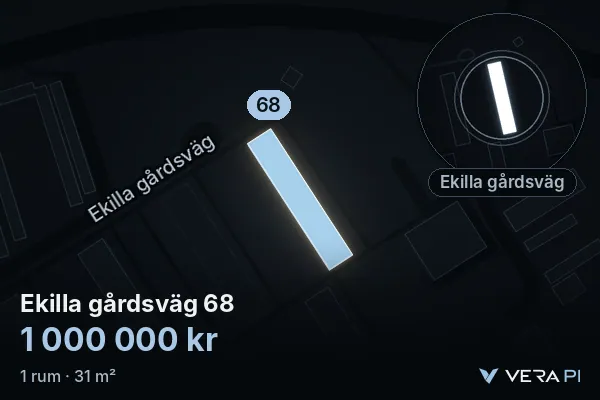 VERA PI:s bild av Ekilla gårdsväg 68: huset i 3D, upplyst i blått, och kartan runt omkring