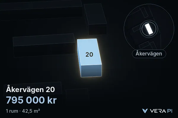VERA PI:s bild av Åkervägen 20: huset i 3D, upplyst i blått, och kartan runt omkring