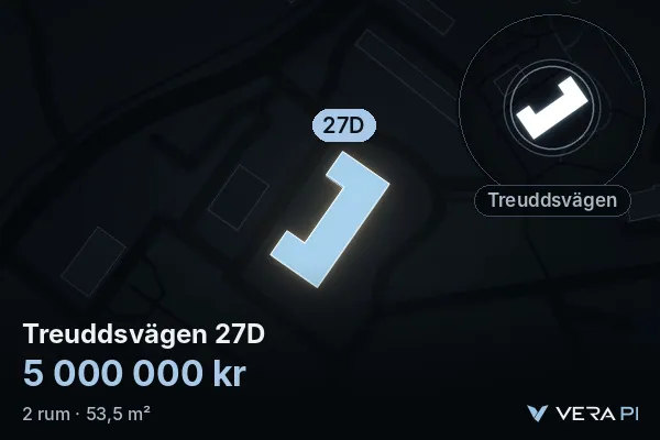 VERA PI's image of Treuddsvägen 27D: the building in 3D, lit in blue, and the map around it