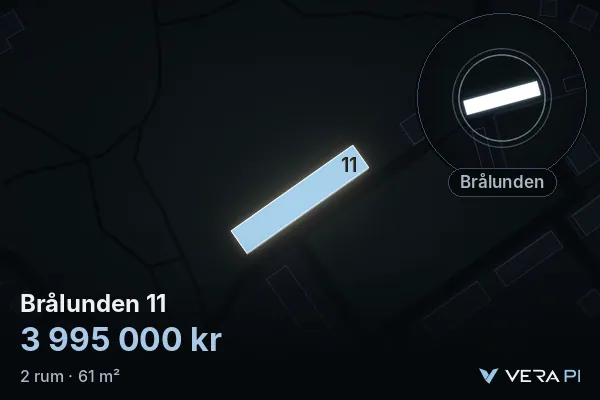 VERA PI:s bild av Brålunden 11: huset i 3D, upplyst i blått, och kartan runt omkring