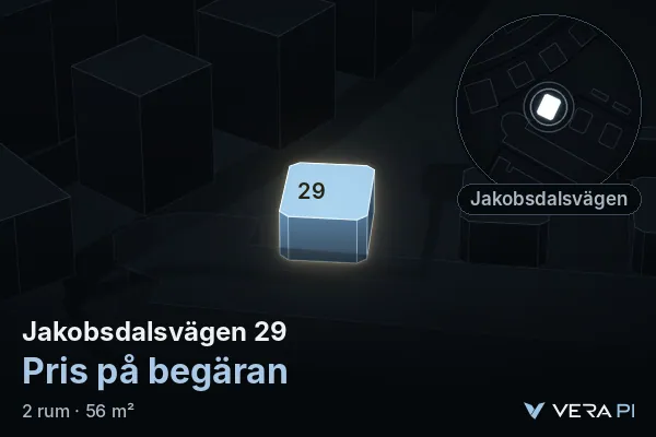 VERA PI's image of Jakobsdalsvägen 29: the building in 3D, lit in blue, and the map around it