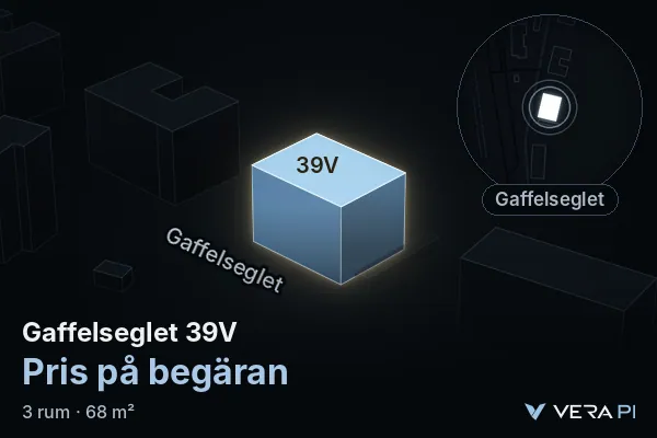 VERA PI:s bild av Gaffelseglet 39V: huset i 3D, upplyst i blått, och kartan runt omkring